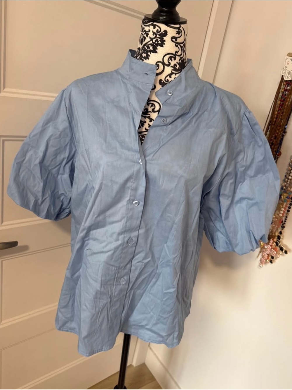 Light Blue Button-Front Puff Sleeve Women's Top
